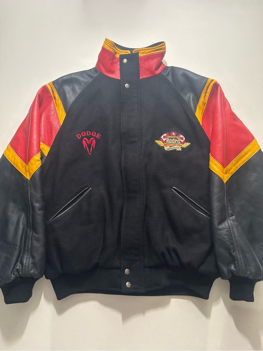Vintage 2001 Canadian finals Rodeo red, yellow, black Mwg leather Dodge jacket